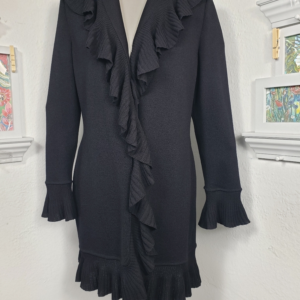 St. John Black Knit Long Cardigan w/Ruffles & Pleats -Classic Feminine Quality 6